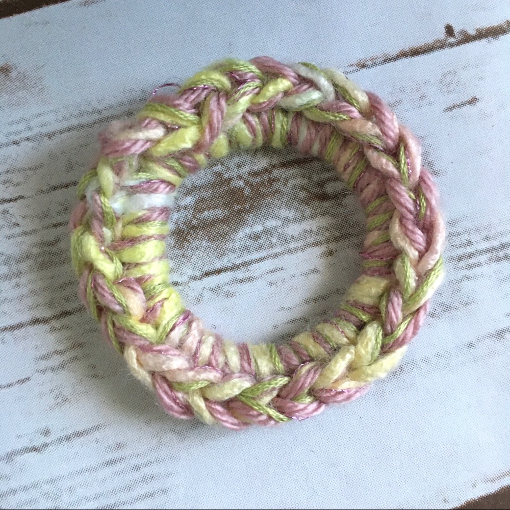 Textured mixed yarn, hand made crocheted scrunchie